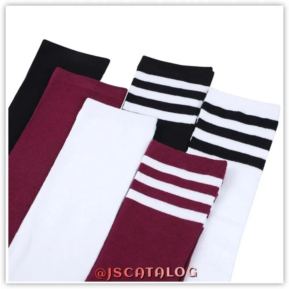 Wine Red w/ White Stripes Cotton Thigh High Socks